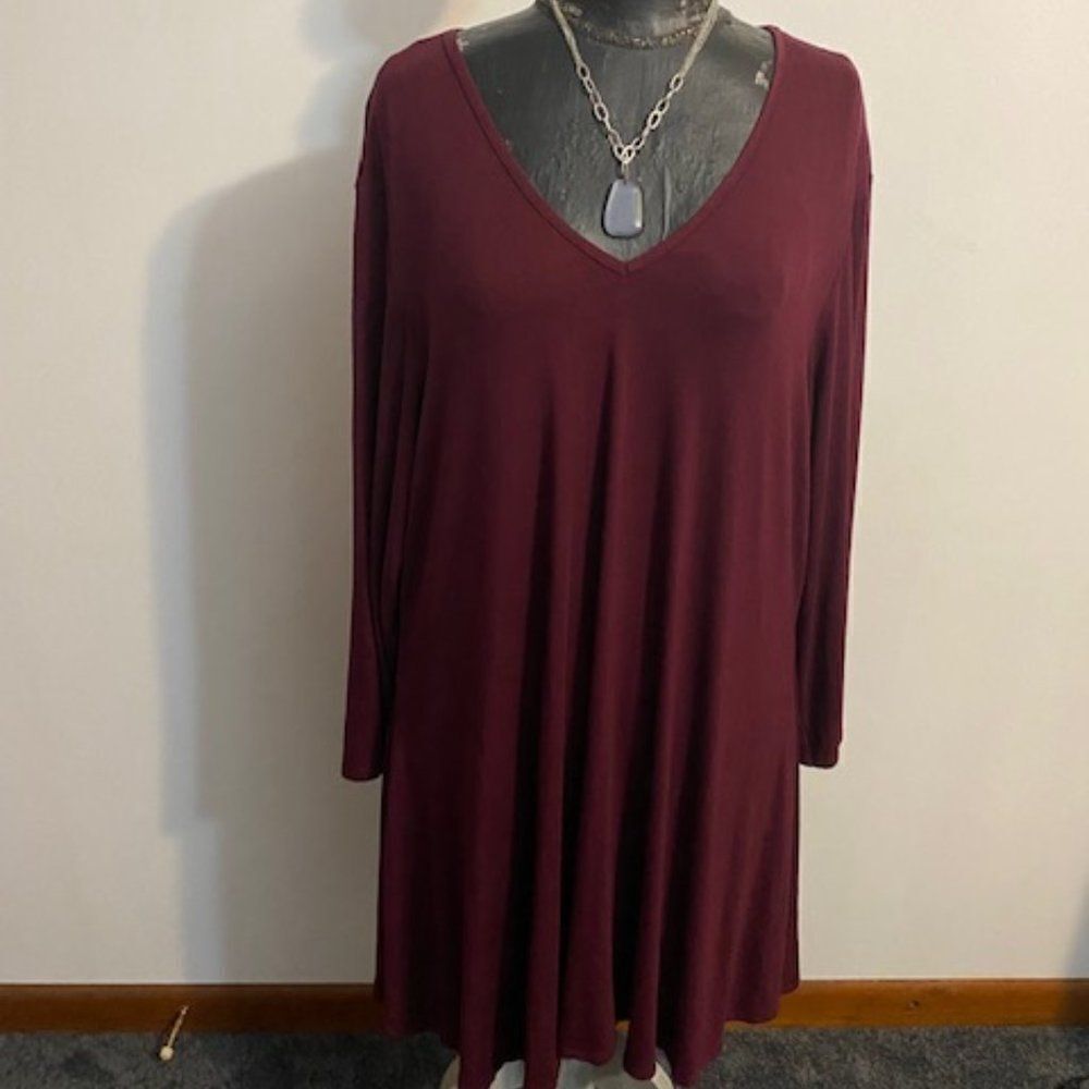 24Seven Comfort Apparel Burgundy long sleeve V-neck Jersey dress, size 3X